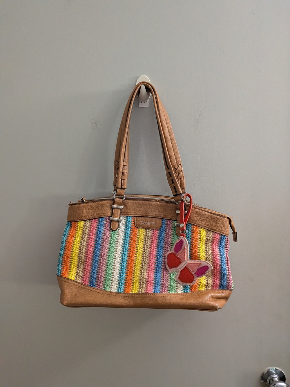 Rosetti Multicolor Woven Crochet Shoulder Bag with Butterfly Charm Boho Rainbow